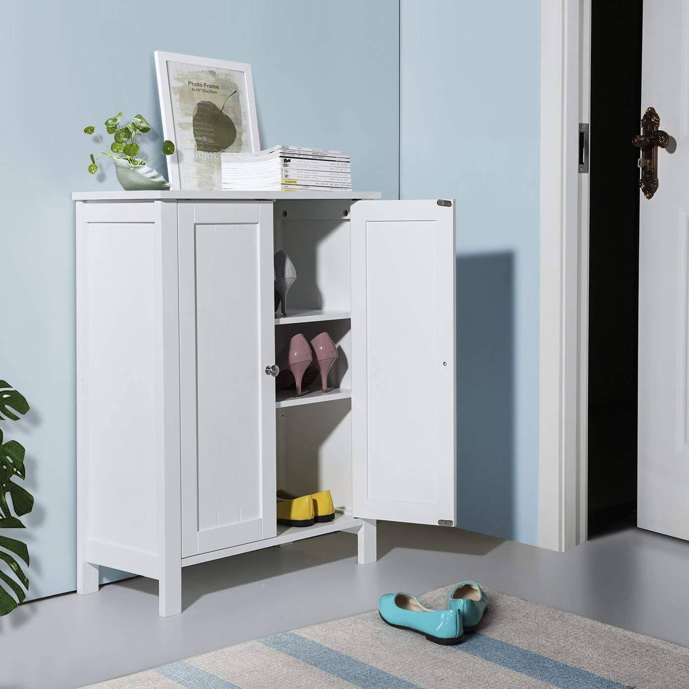 Fch Bathroom Floor Cabinet, Free Standing Side Cabinet Storage Organizer with Double Doors and Adjustable Shelf White