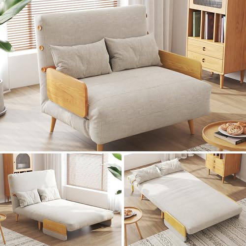 3-in-1 Convertible Chair Bed Sleeper for Adults, Linen Convertable Sleeper Chair with Wooden Arms & Pillows, Foldable Single Futon Sofa Bed (Mid Century with Walnut Arm, 36.6" Wide)