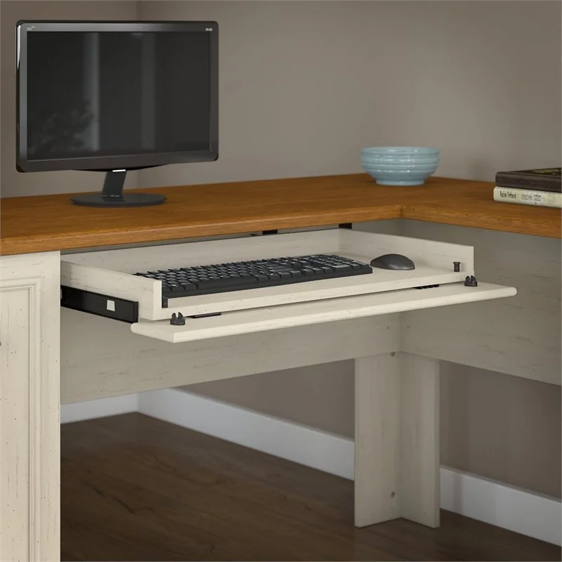 Pemberly Row Engineered Wood L Desk 5 Pc Office Set w/ Storage in Antique White