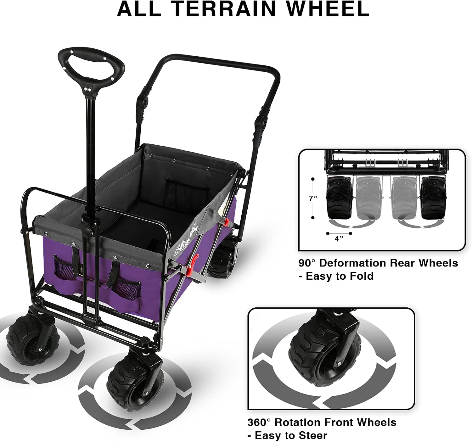 Push and Pull Beach Wagon with Big Wide Rubber Wheels, All Terrain Heavy Duty Grocery Cart Utility Collapsible Wagon for Outdoor Garden Picnic Beach Sports Camping, Purple