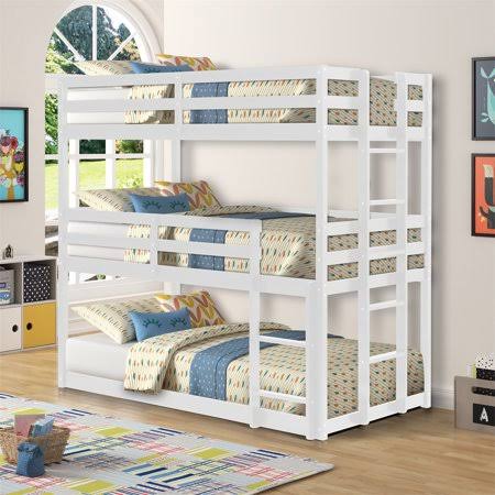 Wood Triple Bunk Bed, Twin-Over-Twin-Over-Twin Bunk Bed, Wooden Triple Bed Frame with Built-in Ladder and Guardrails for Kids, W