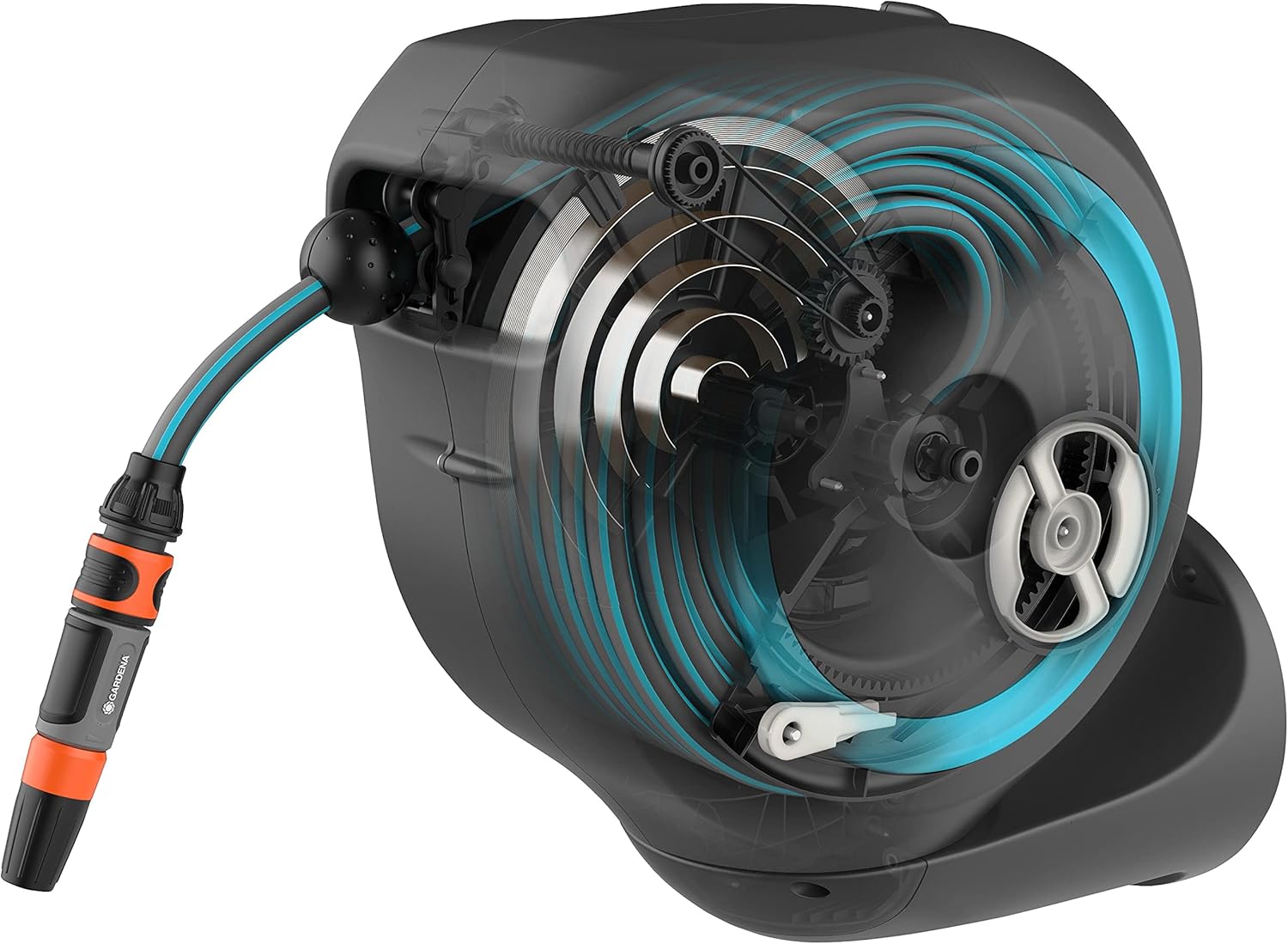 Gardena Wall Mounted Retractable hose reel. 65 Ft with Automatic Rewind, 180 Degree Swivel Bracket and any Length hose Lock. Made in Europe