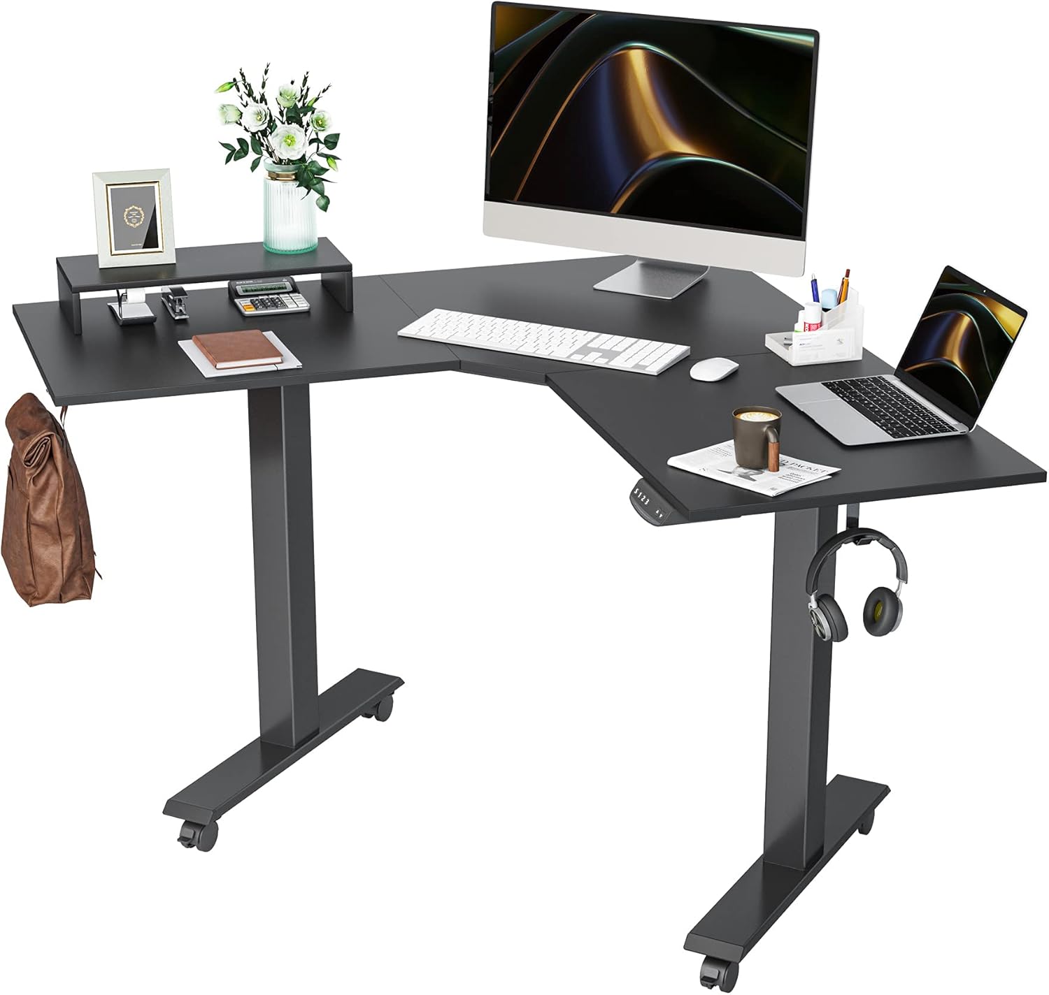 BANTI Dual Motor L-Shaped Electric Standing Desk, 48 Inches Adjustable Height Stand Up Desk, Sit Stand Home Office Desk with White Top/White Frame