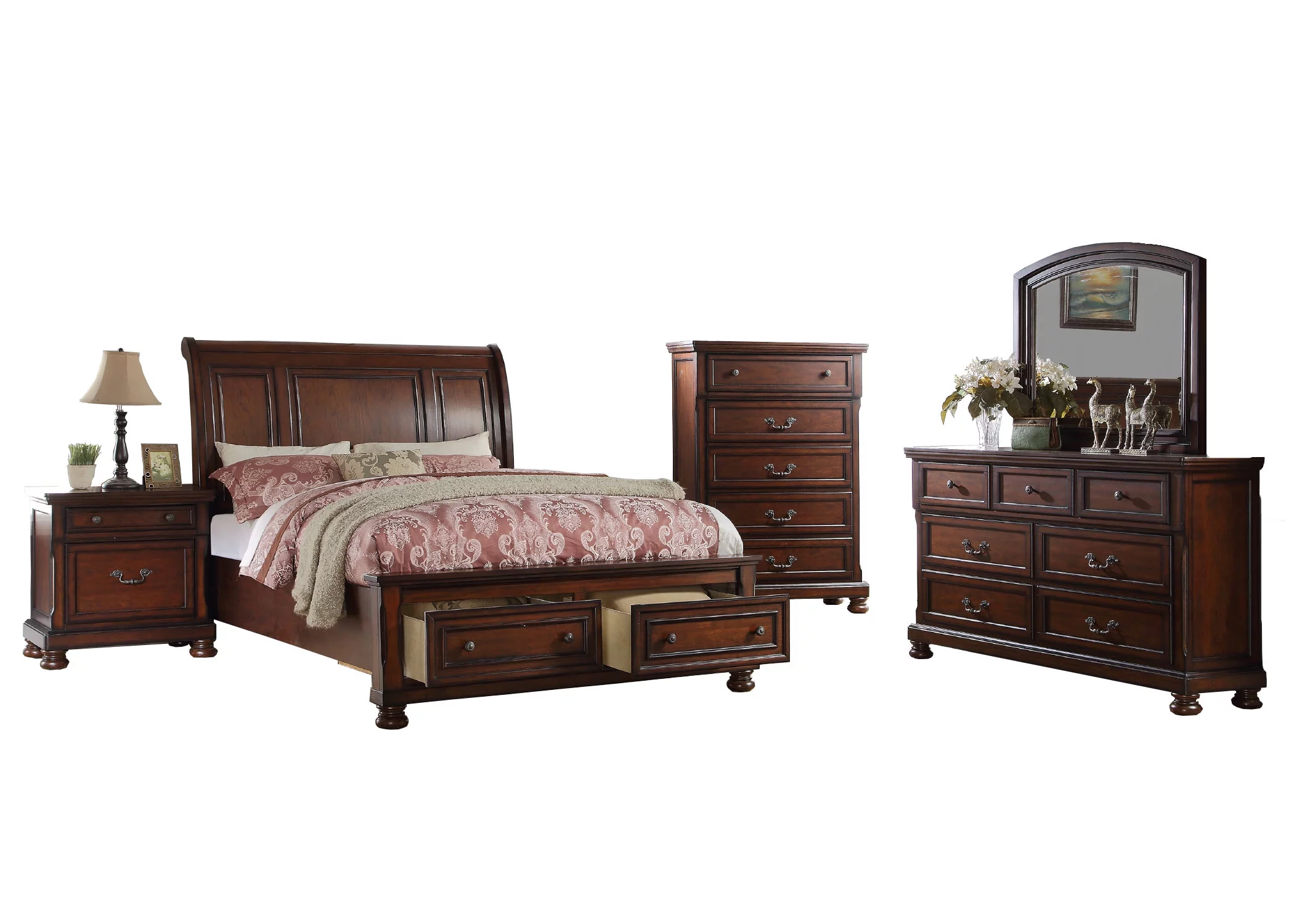 Antique Sleigh HB Storage FB Bed Bedroom Cherry Veneer Wooden 1pc Queen Size Bed MDF Pine Formal Bedframe