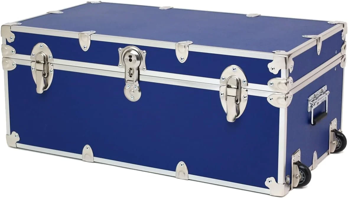 Rhino Trunk & Case Essential Summer Camp Trunk with Wheels - Camping Storage Chest - Ideal Trunk Size for Campers - Strong 1000+ Pounds Sitting Capacity Trunks 32"x18"x14" (Royal Blue)