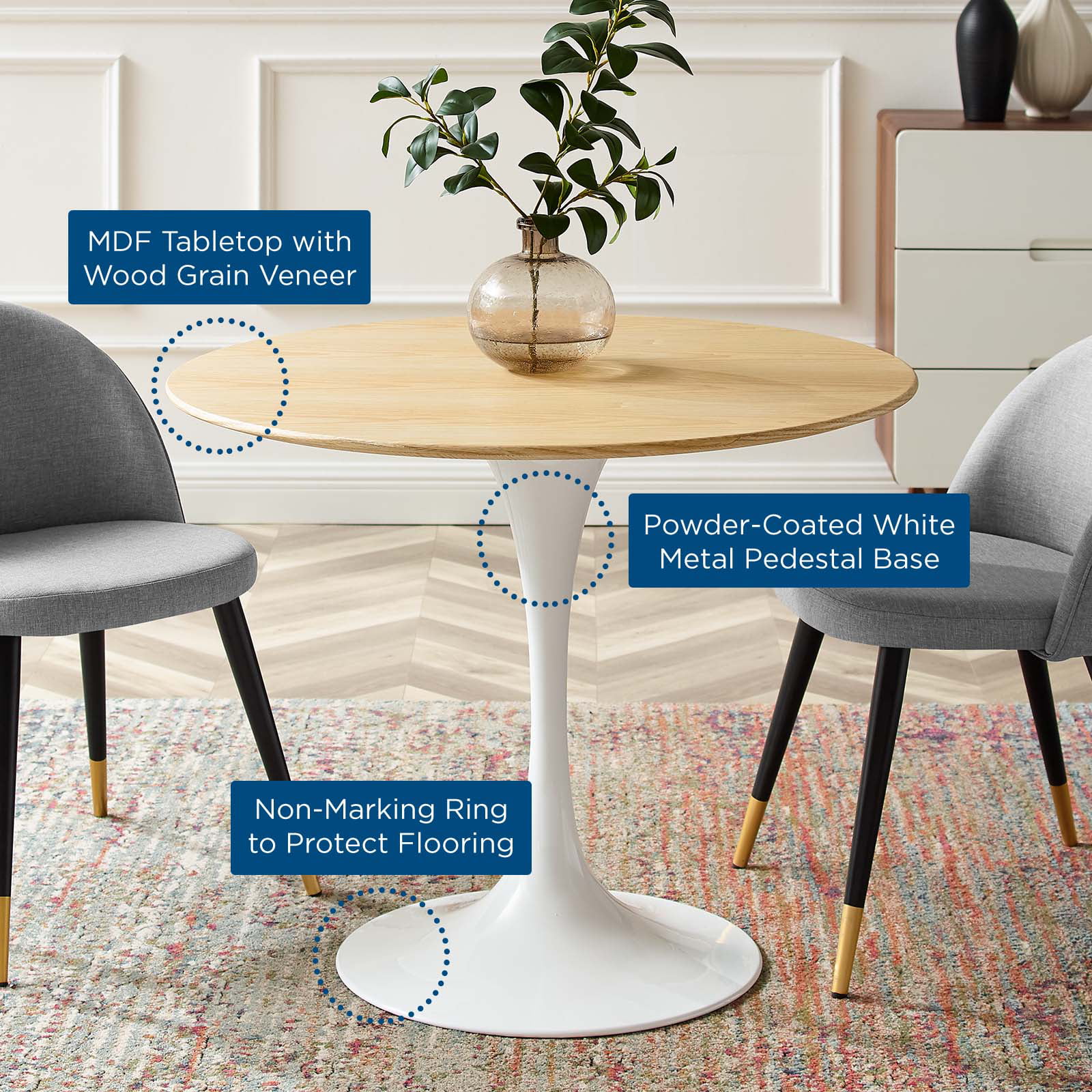 36 inch Dining Table, Round, Natural Brown White, Wood, Metal Steel, Modern Contemporary Mid-Century, Kitchen Room Cafe Bistro Restaurant Hospitality
