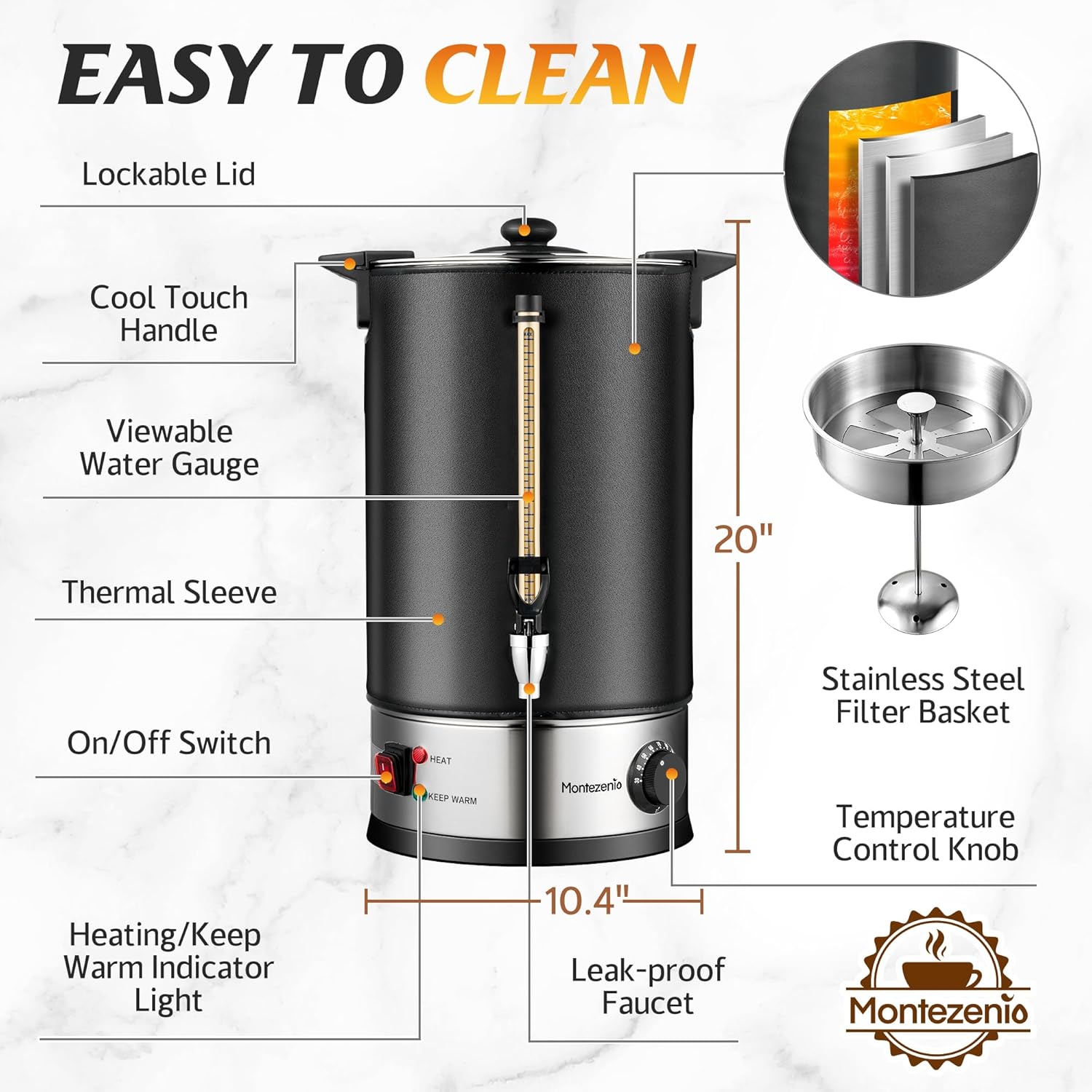 100 Cup Commercial Coffee Urn,Stainless Steel &Thermal Sleeve, 15L Large Coffee Dispenser to Quick Brewing, Hot Water Urn for Home Party Office Catering with Water Level，Temp Control,Indicator Display