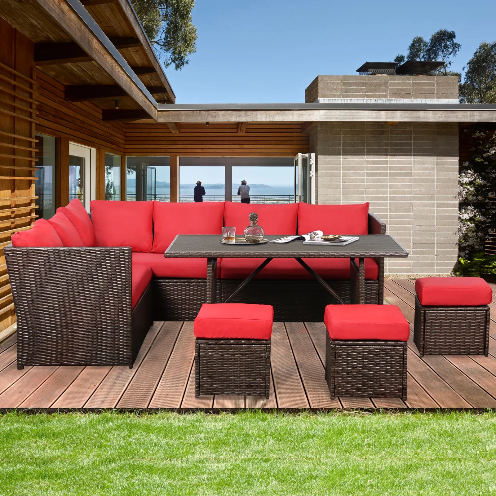 Danrelax 7 Pieces Patio Furniture Set Outdoor Sectional Sofa Conversation Set All Weather Brown Rattan Couch Dining Table &Ottomans, Red Cushions