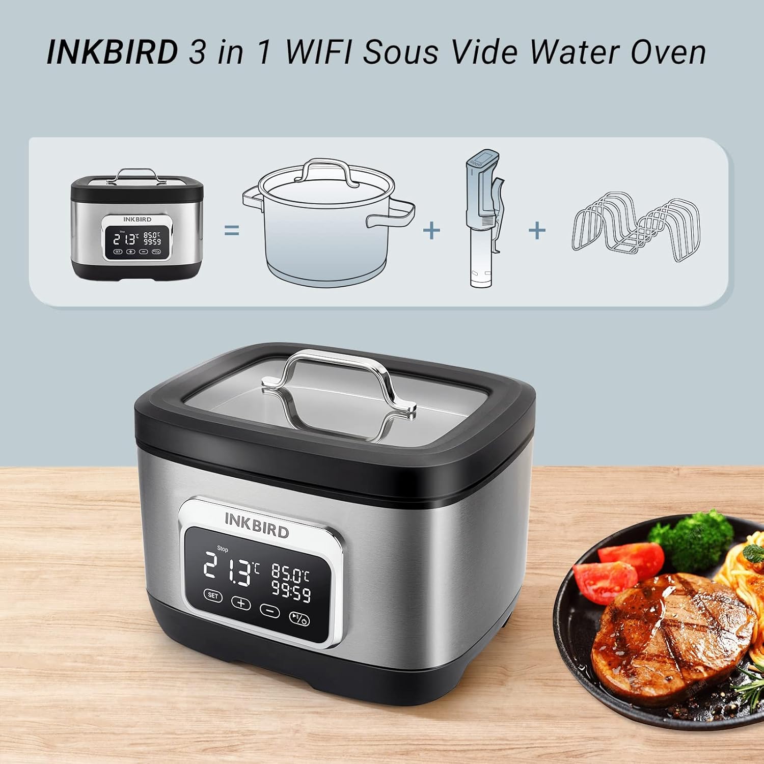 Inkbird 700W 3 in 1Wifi Sous Vide Water Oven with Rack Divider and 14 Preset Recipes, 3D Electromagnetic Water Circulation Rapid Heating,Wifi Control & Timer, 8L Capacity,Wif|Gift Idea (ISV-500W)