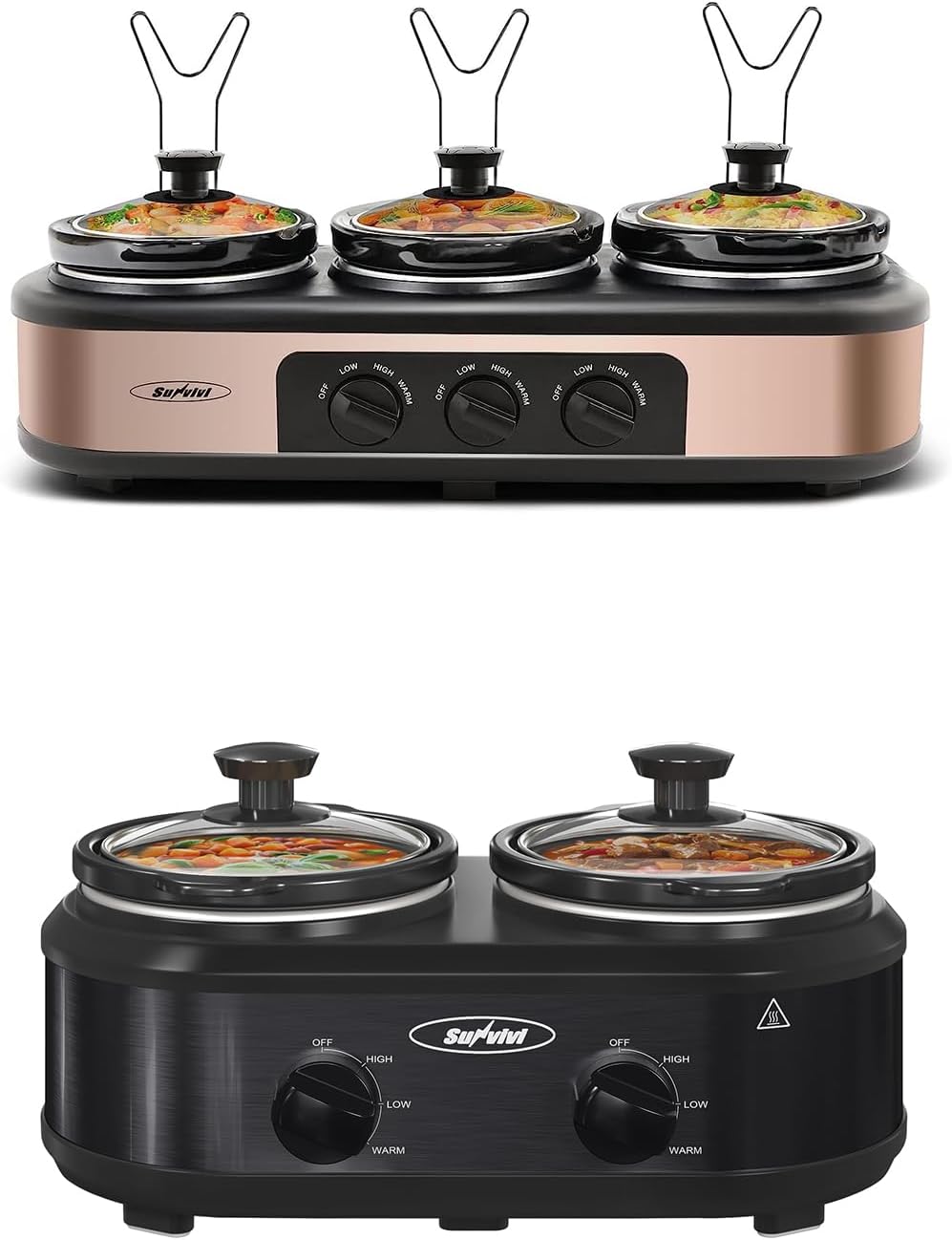 Slow Cooker, Dual Slow Cooker Black and Copper Triple Slow Cooker Buffet Server Multiple Pot Food Warmer, Slow Cooker Buffet Food Warmer Adjustable Temp Lid Rests Stainless Steel