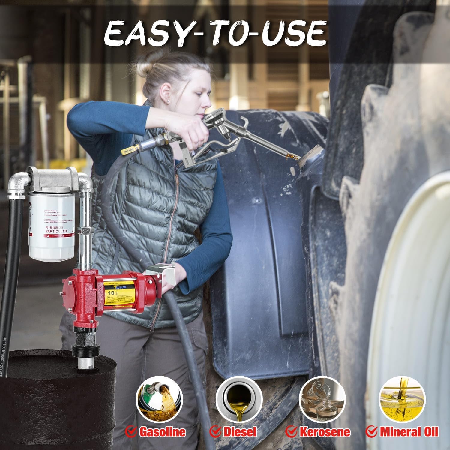 12V DC 10GPM Self-priming Gasoline Diesel Oil Fuel Transfer Explosion-proof Pump Kit with with Particulate Filter and Nozzle for Gasoline Diesel Kerosene & More