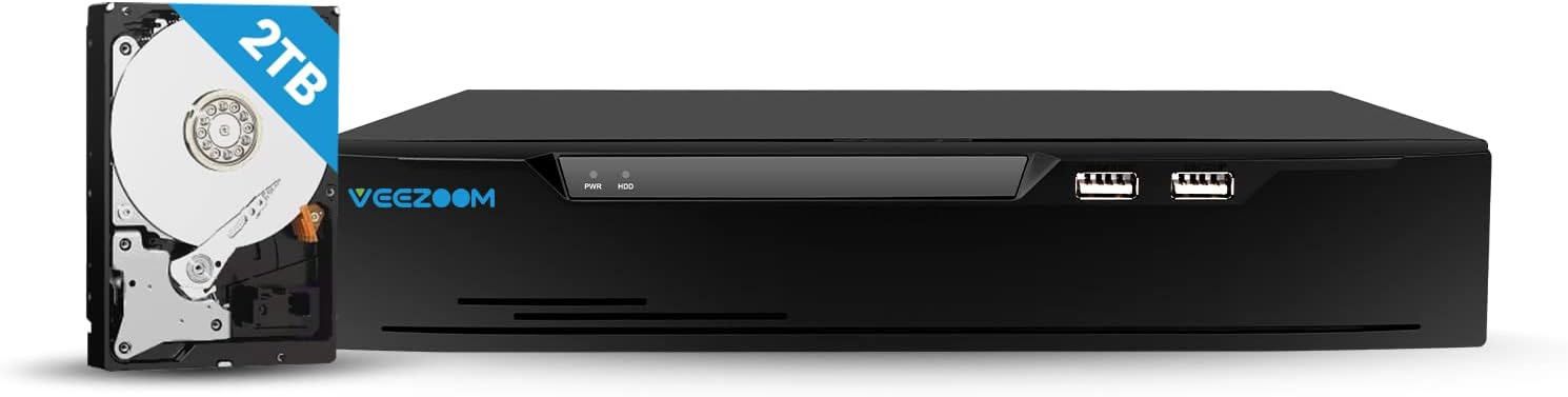 VEEZOOM 4K NVR 8 Channel, Pre-Installed 2TB Hard Drive NVR Recorders, Supports 4K/5MP/4MP/3MP/1080P PoE Cameras, 24/7 Video Surveillance Home Security Camera System, up to 12TB HDD Capacity