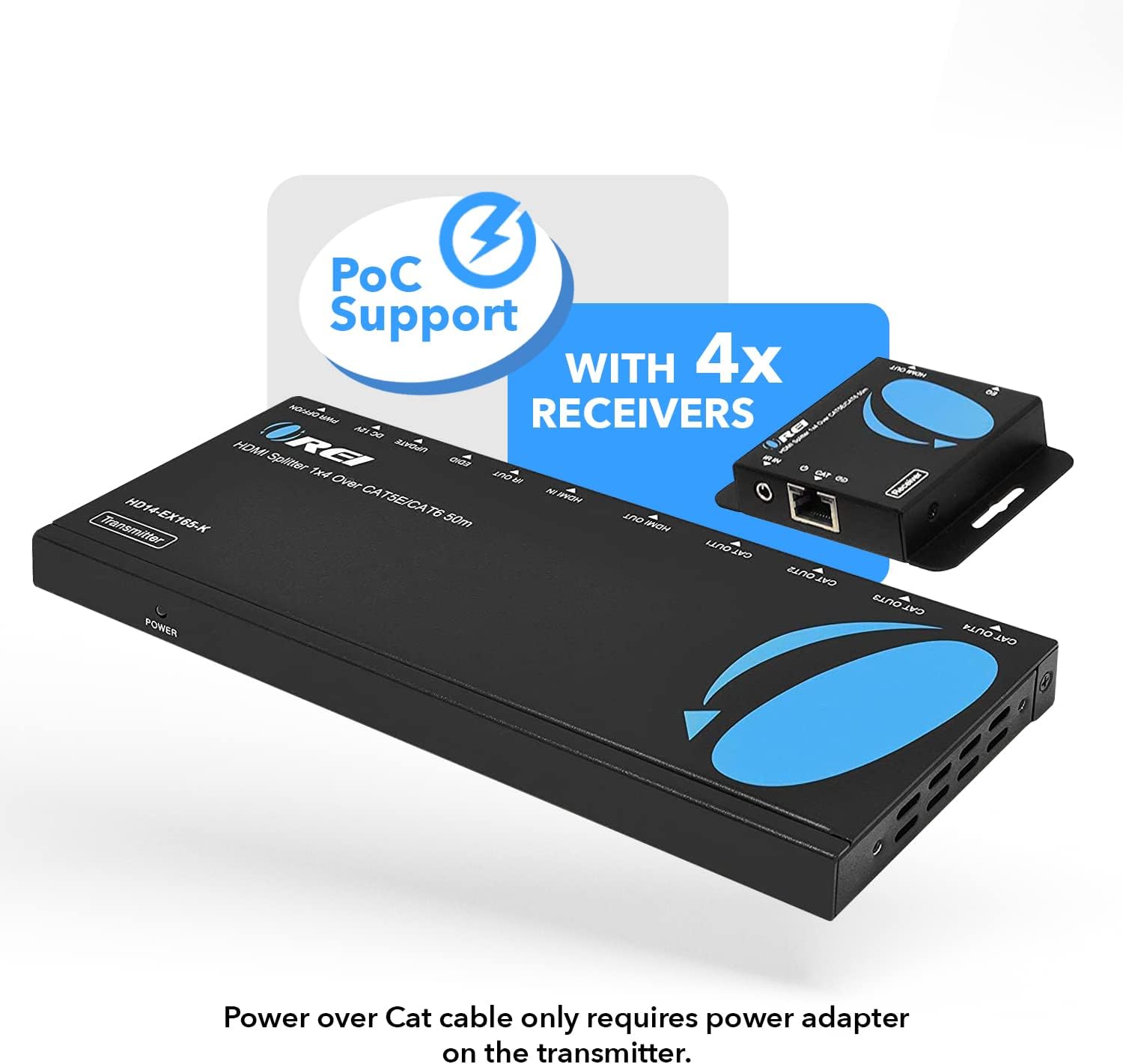 OREI 1x4 HDMI Extender Splitter Multiple Over Single Cable CAT6/7 1080P with IR Remote EDID Management - Up to 165 Ft - Loop Out - Low Latency - Full Support