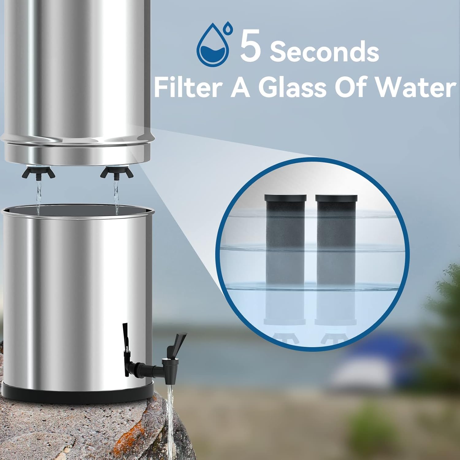 Purewell Stainless Steel Gravity-Fed Water Filter, High Capacity 2.9 Gallon with 2 Purification Elements for Home and Camping Use