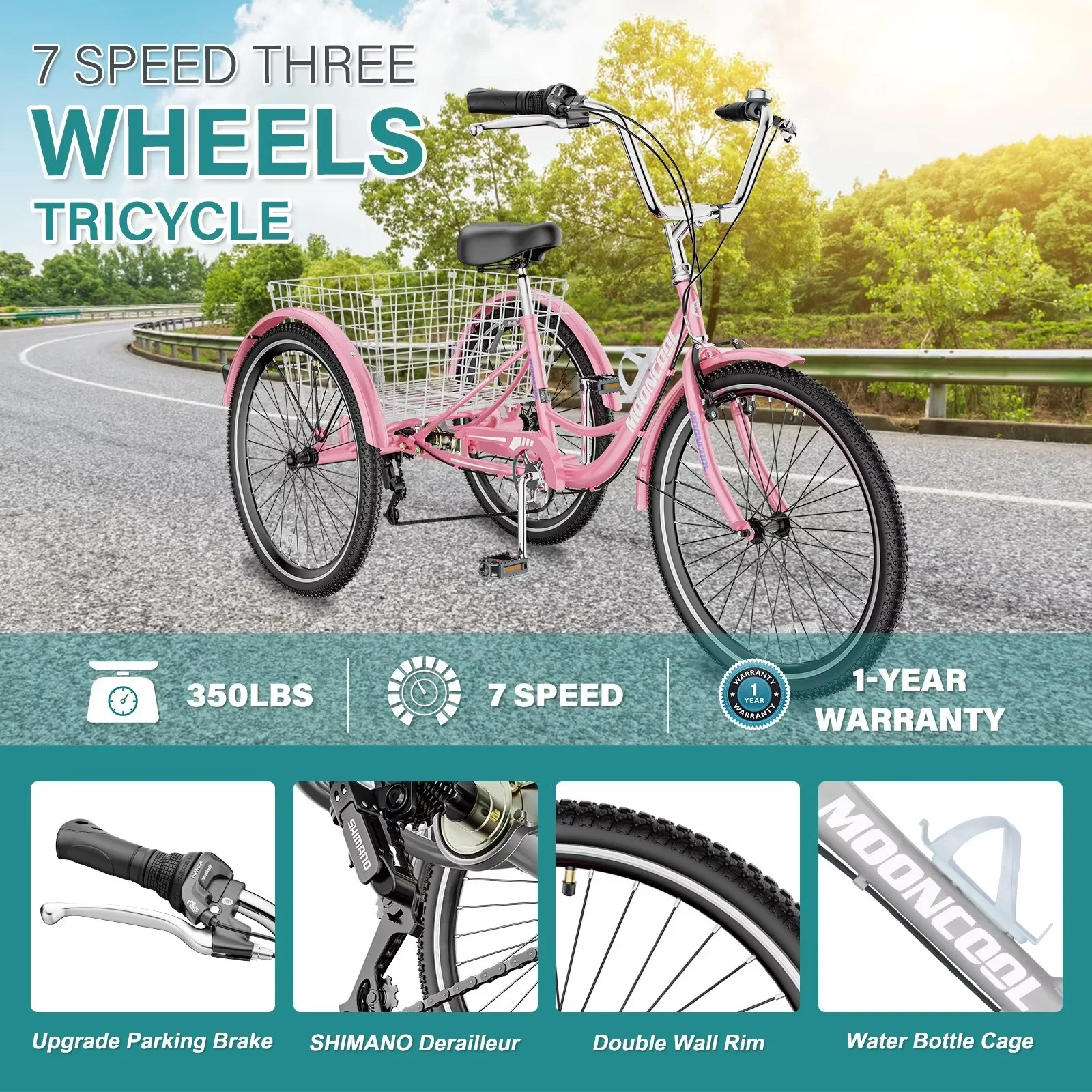 MOPHOTO Adult Tricycles 3 Wheel 7 Speed Trikes, 20/24/26 inch with Big Basket for Shopping, Picnics Exercise Men's Women's Senior's Trike