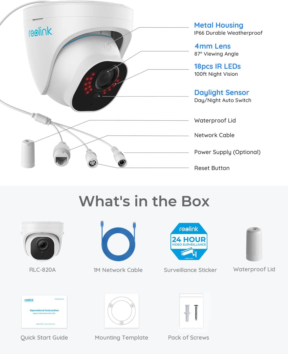 REOLINK 4K Outdoor Cameras for Home Security, IP PoE Dome Surveillance Camera, Smart Human/Vehicle Detection, Time Lapse, Work with Smart Home, Up to 256GB Micro SD Card, RLC-820A (Pack of 2)
