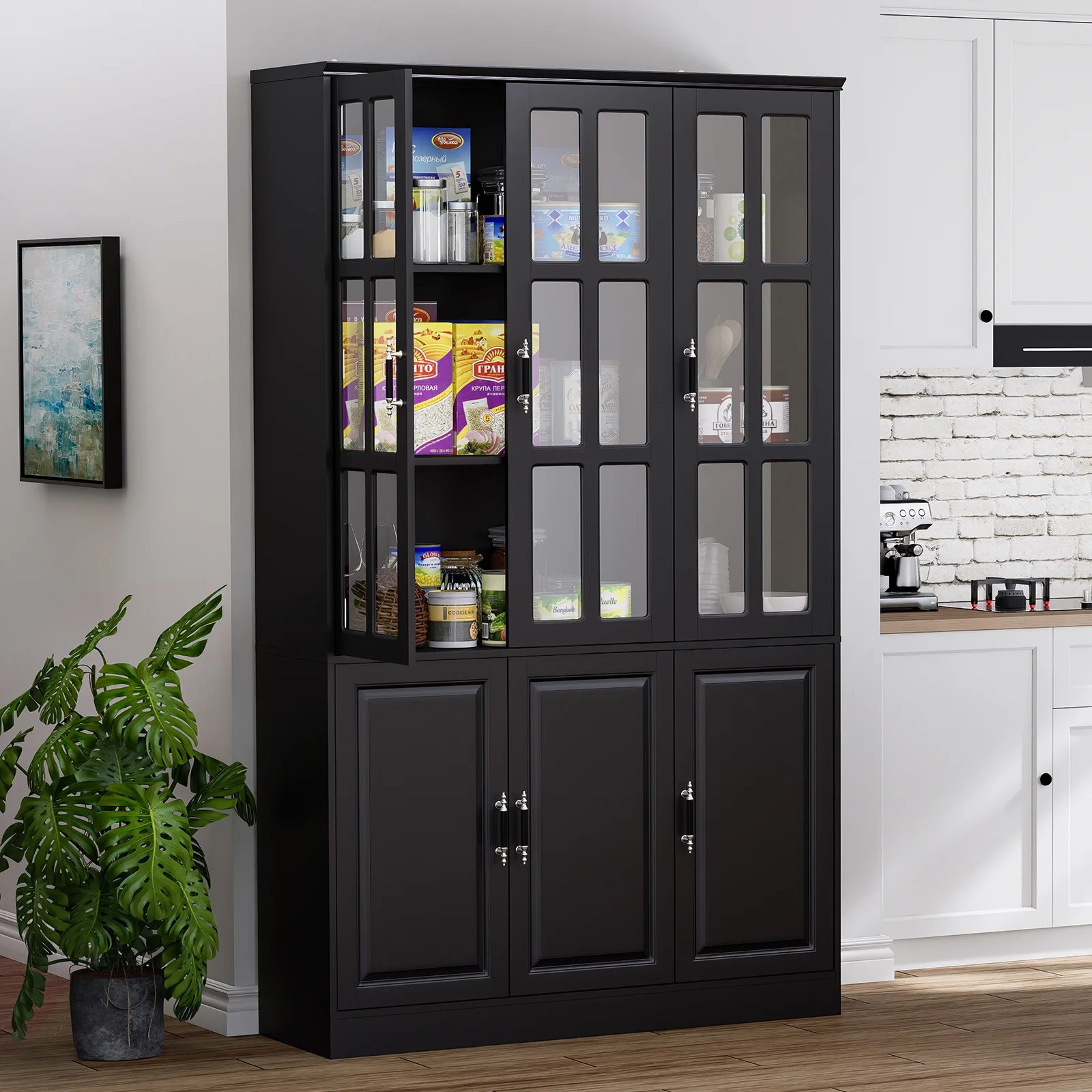 MEISSALIVVE Kitchen Pantry Storage Cabinet, 78.7" Tall Pantry Cabinet with Glass Doors & Shelves, Freestanding Kitchen Hutch Utility Pantry, Food Pantry Cabinet Cupboard, Black (47.2" W x 15.7" D) - Curated Treasures Market