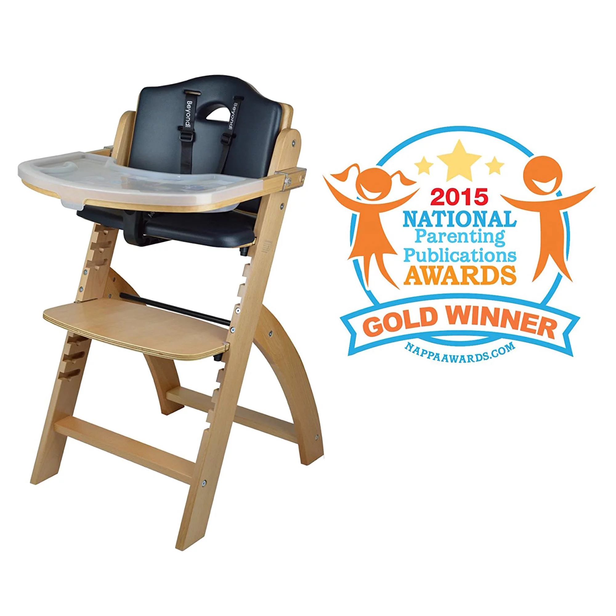 Abiie Beyond Wooden High Chair with Tray. The Perfect Adjustable Baby Highchair Solution for Your Babies and Toddlers or as a Dining Chair. (6 Months up to 250 Lb) (Natural Wood - Black Cushion)