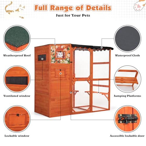 COZIWOW Large Wood Cat Catio, Outdoor Enclosure with Weatherproof Roof, 2 Resting Rooms, 2 Platforms, 4-Tier Cat Playpen, Orange