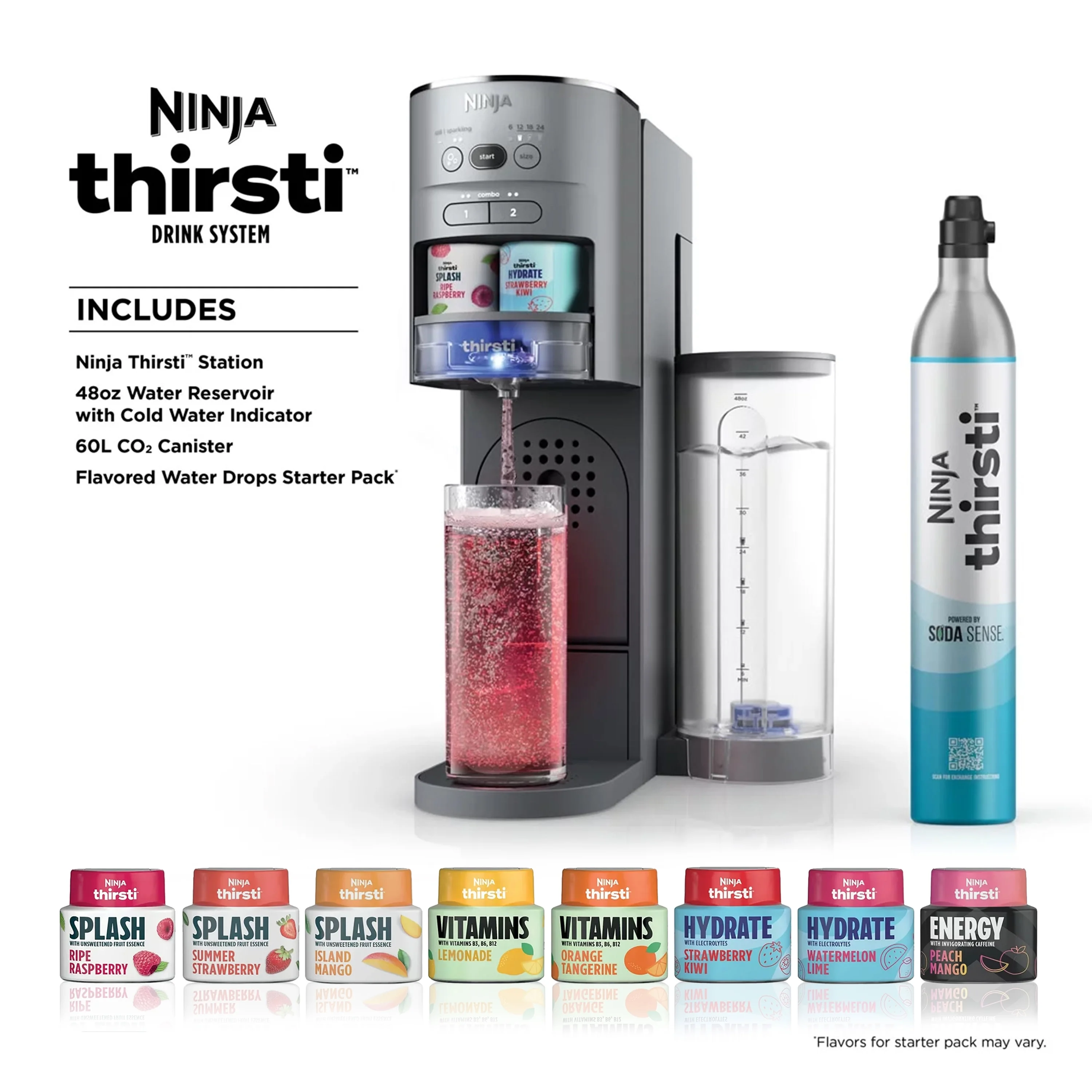 Ninja Thirsti Drink System Complete Still and Sparkling Customization Drink Kit with CO2 Canister, Flavors, and 48oz Reservoir, WC1000, Gray