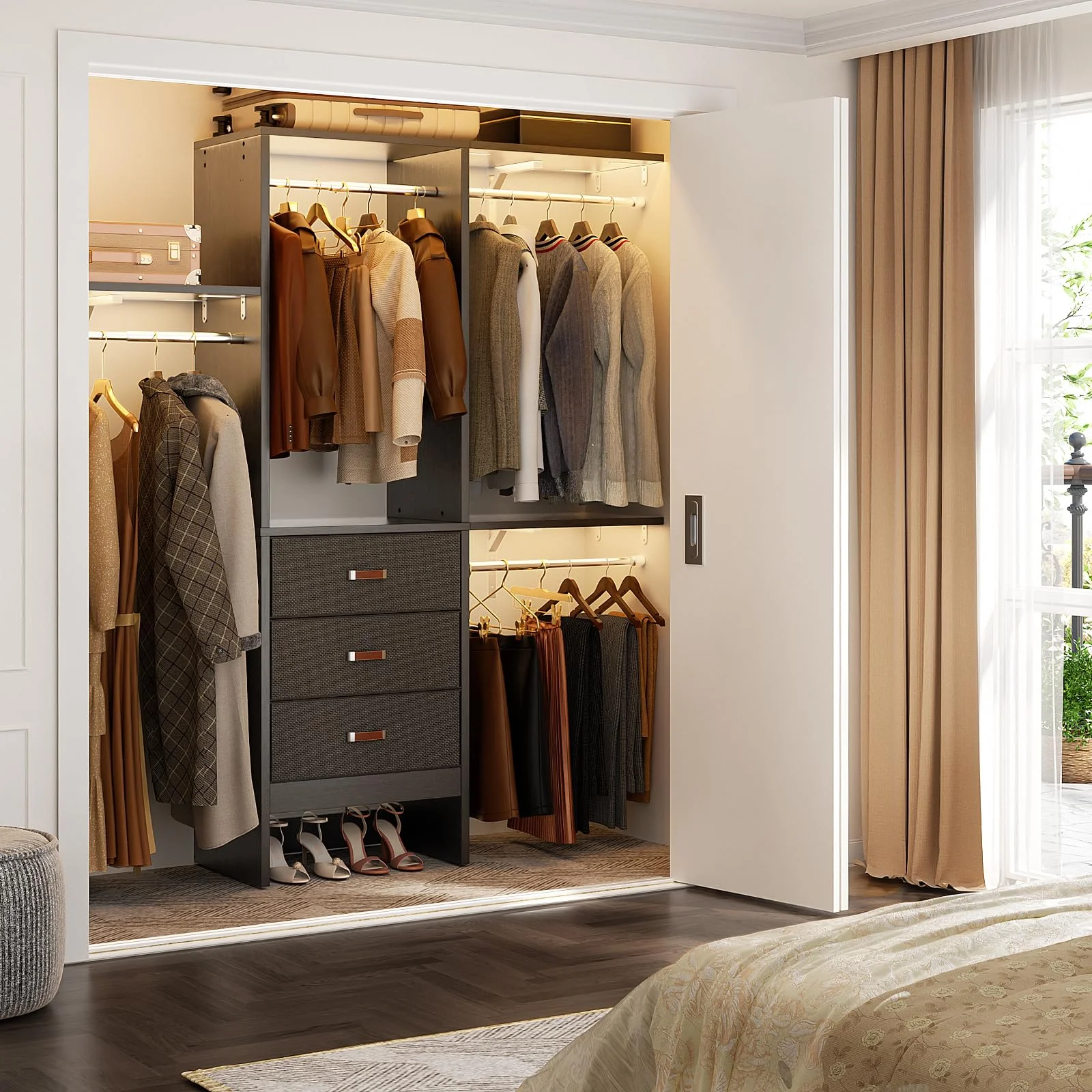 Homieasy 5FT Closet System with 3 Fabric Drawers, 60'' Walk In Closet Organizer System With 3 Adjustable Shelves, Heavy Duty Clothes Rack Built-In Garment Rack, 59" L x 16" W x 71"H, Black