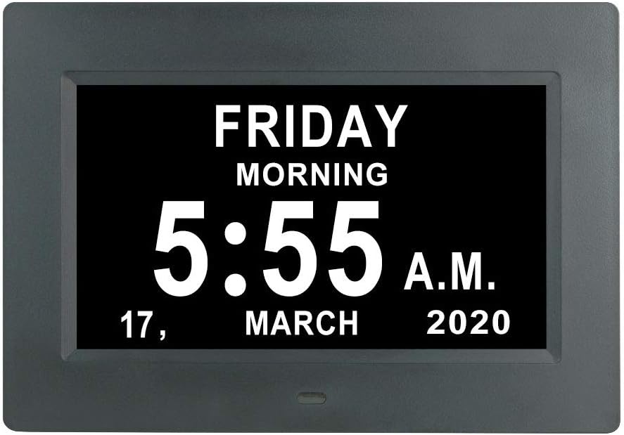 7 Inch Digital Calendar Day Date Clock-12 Alarm Options with Auto-Dimming,Extra Large Non-Abbreviated Day&Month Memory Loss Clock for Seniors,Dementia,Impaired Vision (Black)