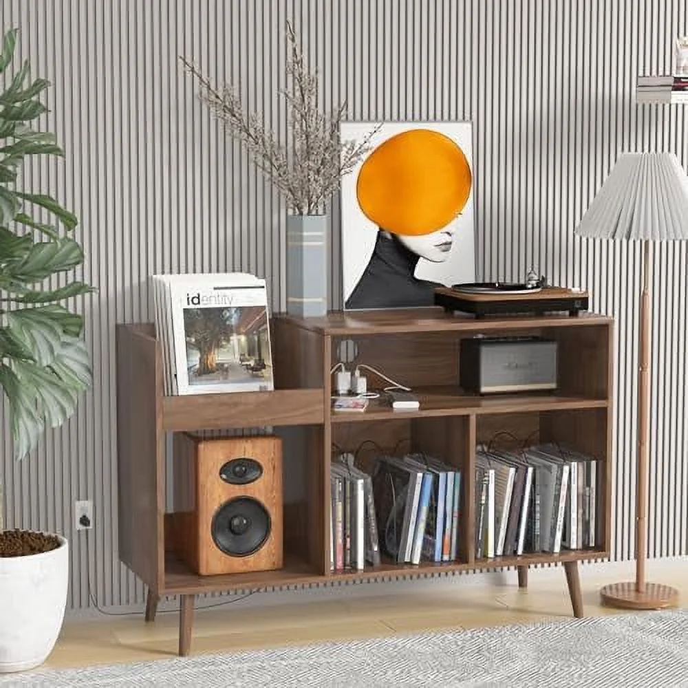 TJBOLIFE Mid-Century Record Player Stand with  Vinyl Record Cabinet Record Player Table with Power Outlet Turntable Stand Large Record Holder Holds for Bedroom Living Room