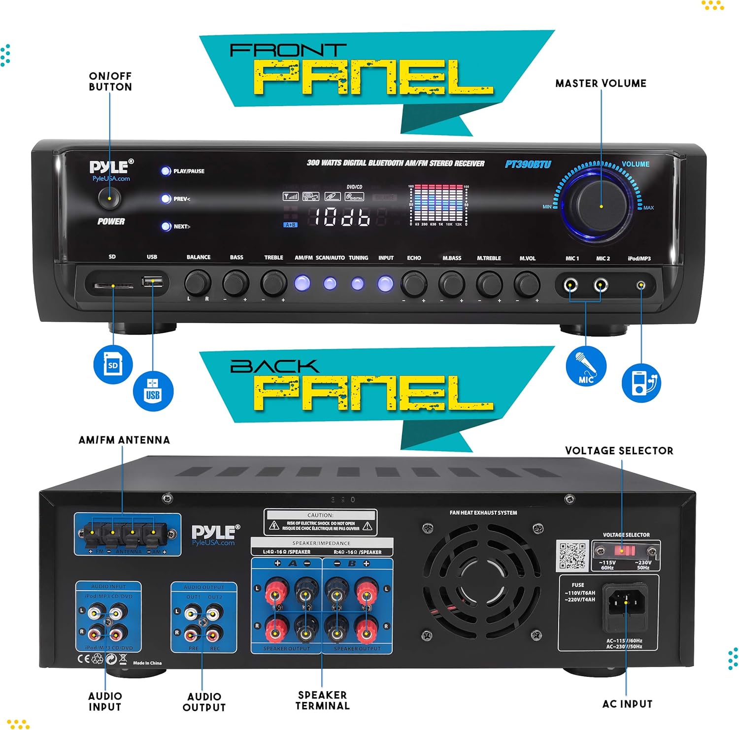 Pyle Wireless Bluetooth Power Amplifier System 300W 4 Channel Home Theater Audio Stereo Sound Receiver Box Entertainment w/ USB, RCA, 3.5mm AUX, LED, Remote for Speaker, PA, Studio- PT390BTU,BLACK