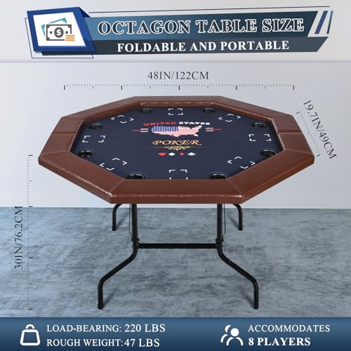 8 Players Poker Table Foldable,50inch Upgraded Folding Octagon Casion Table, Portable Texas Holedem Table w/Stainless Steel Cup Holders, Water-Resistant Cushioned Rail (Brown)