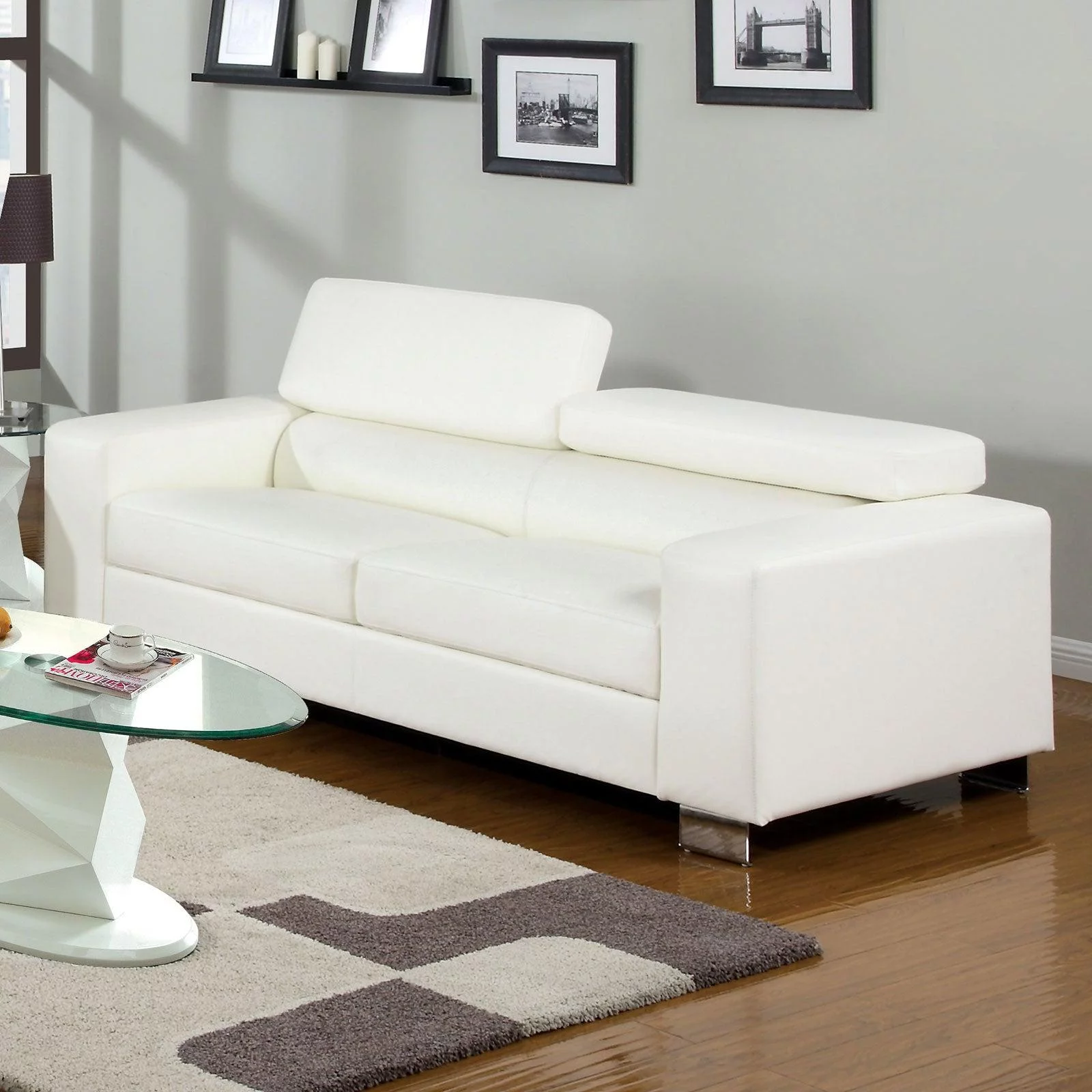 Contemporary White Bonded Leather Sofa and Loveseat Furniture of America Makri