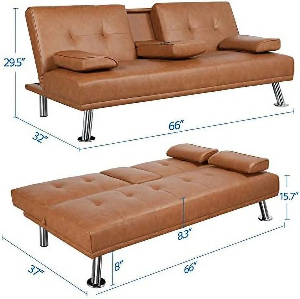 SJOPLMN Convertible Sofa Bed Adjustable Couch Sleeper Modern Faux Leather Home Recliner Reversible Loveseat Folding Daybed Guest Bed  Removable Armrests  Cup Holders  3 Angles  772lb Capa - Curated Treasures Market