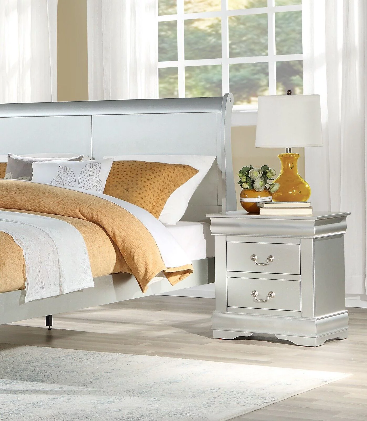 Louis Phillippe Style Transitional Bedroom 5pc Set Twin Bed Dresser Chest Nightstand Mirror Platinum Finish Furniture