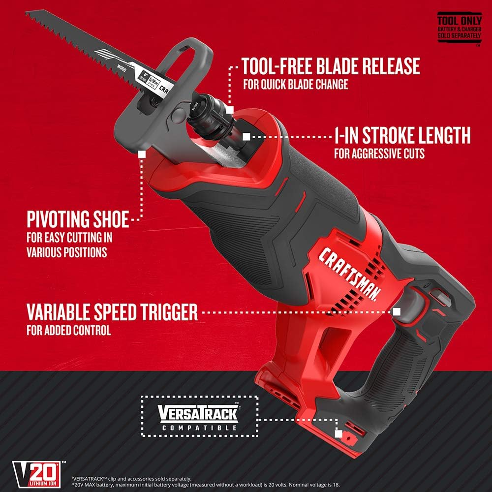 CRAFTSMAN V20 Reciprocating Saw, Cordless, Tool Only (CMCS300B) , Red