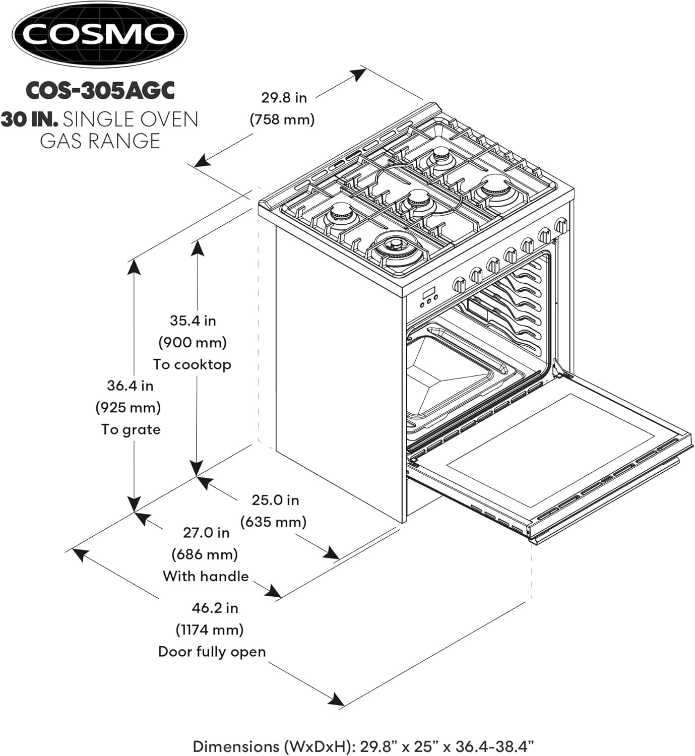 COSMO COS-305AGC 30 in. 5.0 cu. ft. Freestanding Single Oven Gas Range with 5 Burner Cooktop and Heavy Duty Cast Iron Grates in Stainless Steel