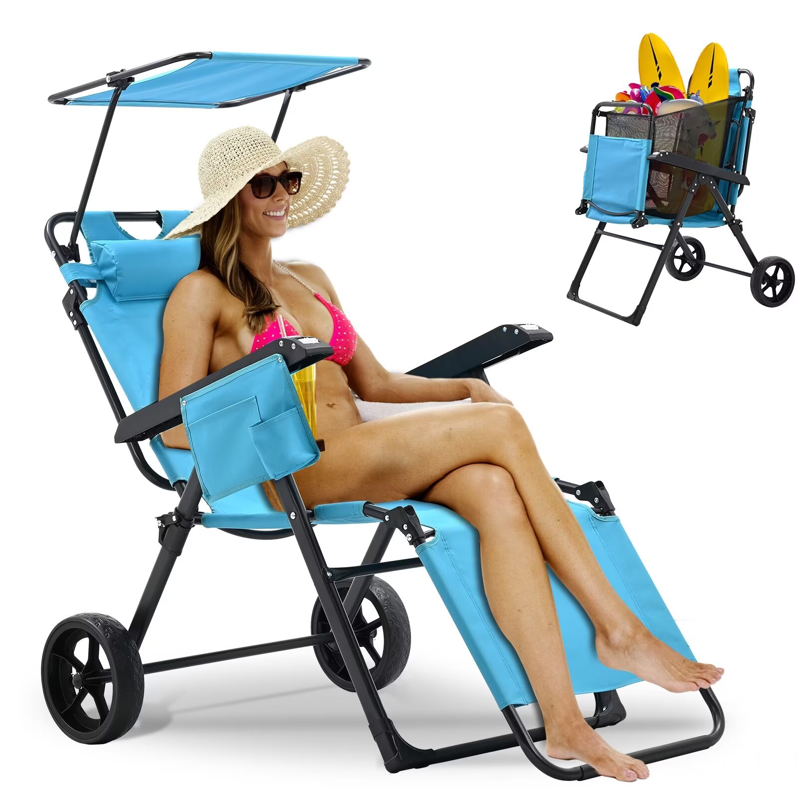 MOPHOTO Canopy Beach Chair Support 300bls, 2 in 1 Beach Cart Chair with Large Wheels, Outdoor Sunbathing Folding Beach Tanning Chair Sun Chair with Shade, Perfect for Beach, Backyard, Pool