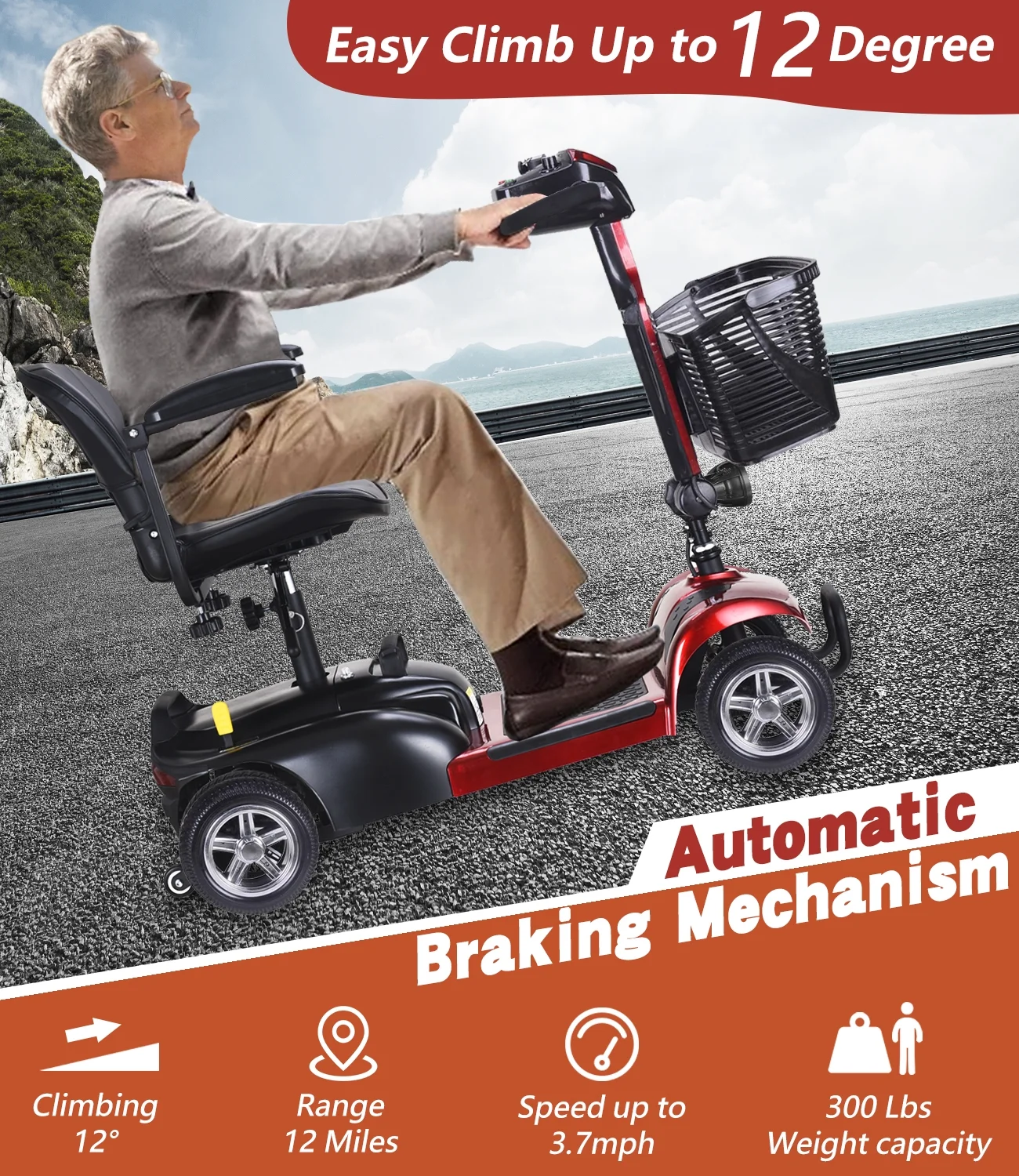 EazinGo 4 Wheel Mobility Scooter, Luxury Travel Scooters for Adults Support 300Lbs- Red