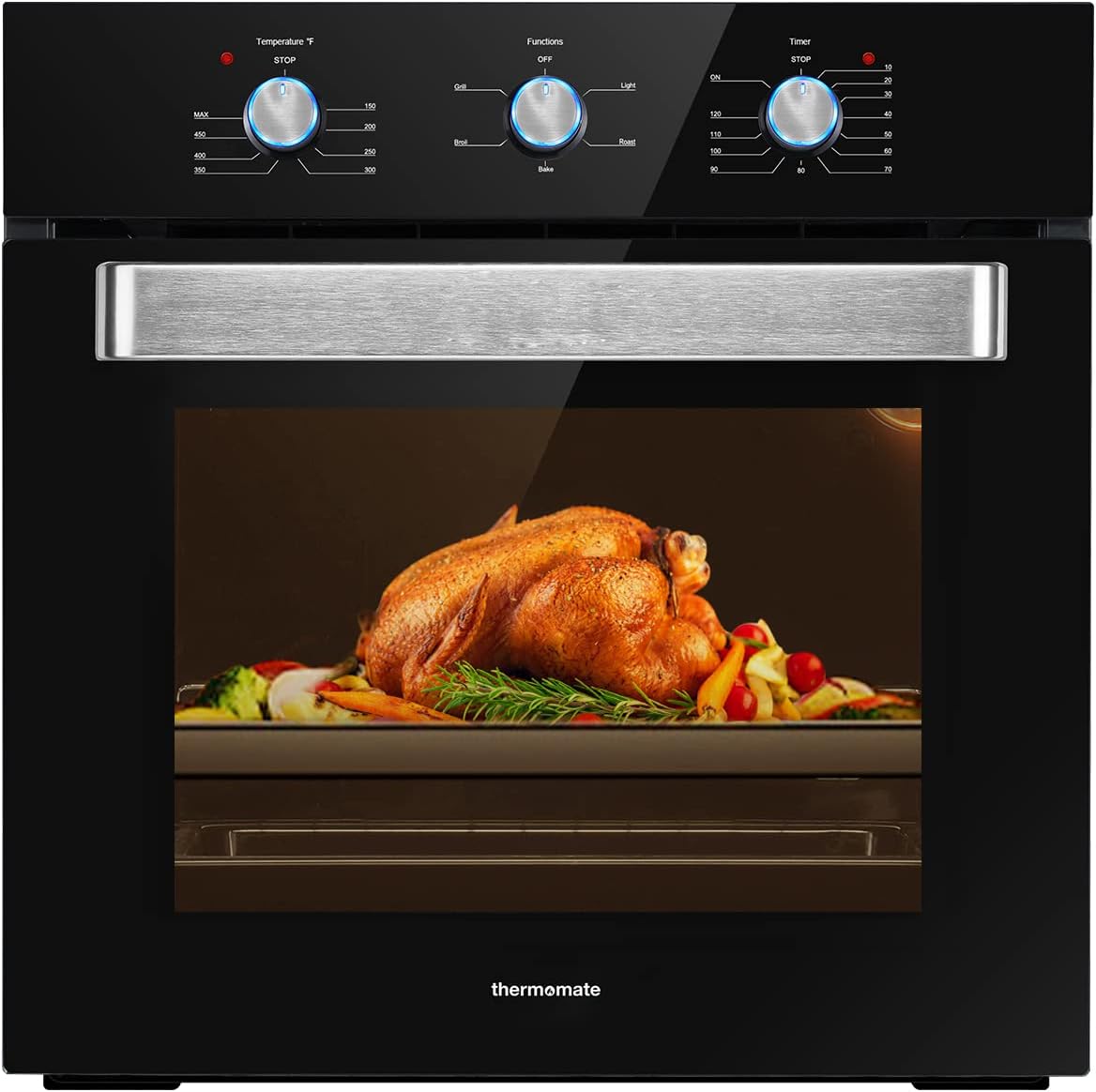 24 Inch Single Wall Oven, thermomate 2.3 Cu.ft. Electric Wall Oven with 5 Cooking Functions,Black Tempered Glass Finish, 2000W Built-in Wall Ovens with Mechanical Knobs Control, ETL Certified