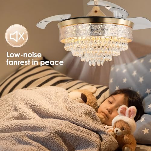 42'' Dimmable Fandalier Crystal Ceiling Fans LED Retractable Ceiling Fandeliers Chandelier with Light and Remote Ceiling Fan for Bedroom, APP & Memory Function, 6 Speeds