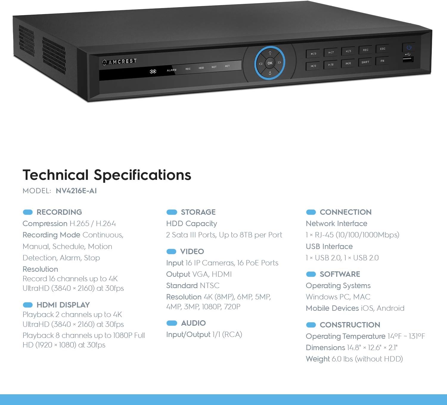 Amcrest 4K NV4216E-AI 16CH AI NVR, 16-Port PoE, Smart NVR, Facial Recognition, Facial Detection & Vehicle Detection - Supports 16 x 4K IP Cameras, Supports 2 x 8TB Hard Drives (Not Included)
