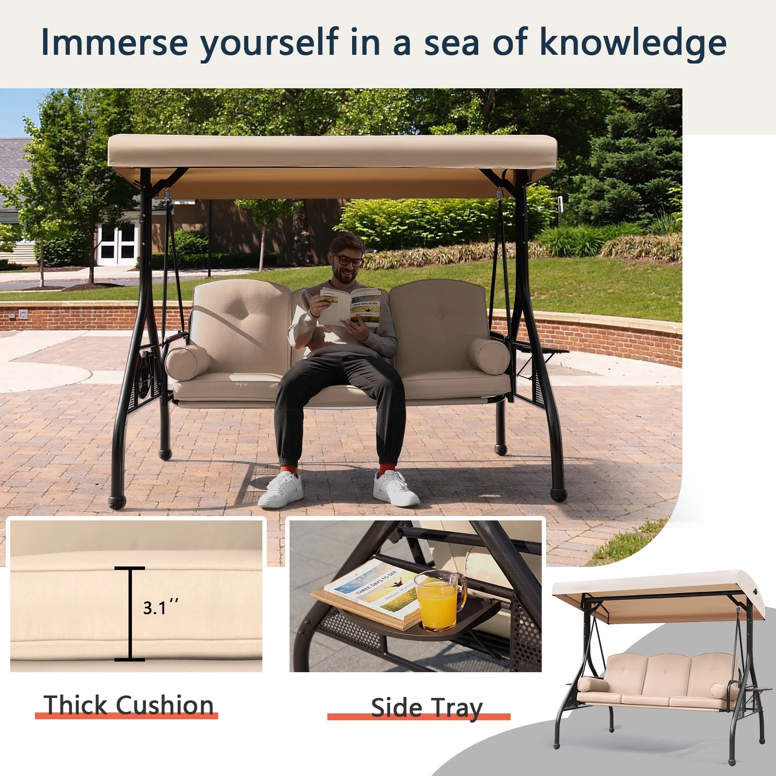 NOBLEMOOD 3-Seat Patio Porch Swing with Adjustable Canopy, Thickened Cushion & Foldable Tray, Khahi