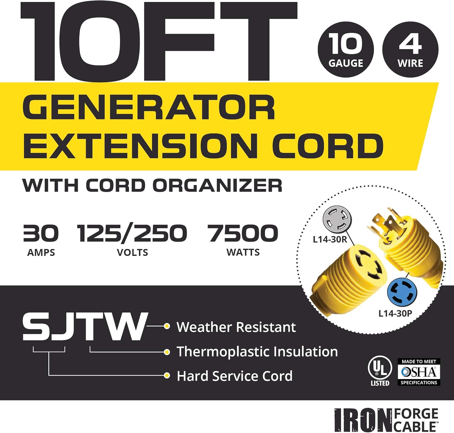 30 Amp Generator Cord - L14-30 40 Ft Generator Power Cable with Organizer 10/4 SJTW, 125/250v, 7500 Watt