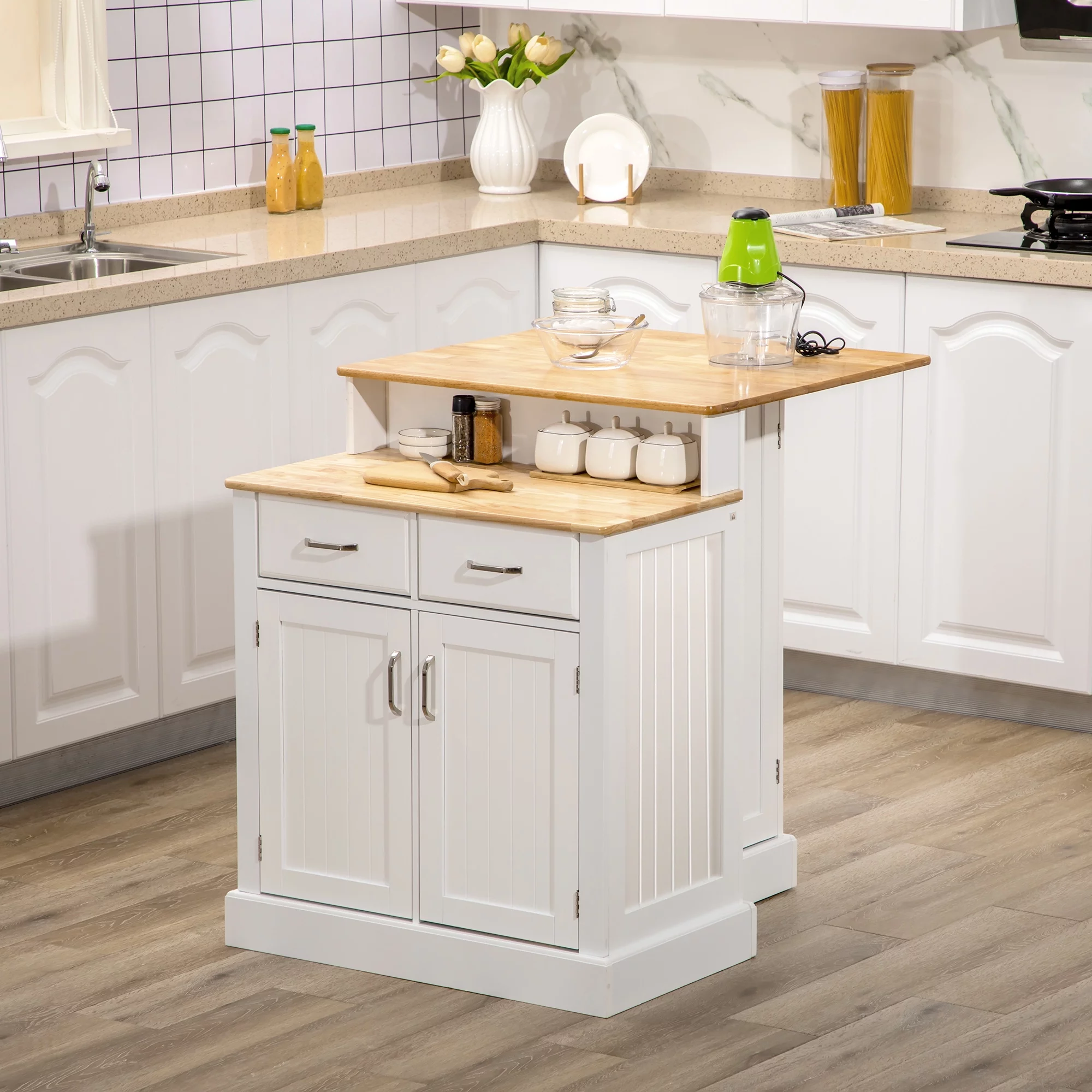 HOMCOM Kitchen Island with Storage Cabinet and 2-Level Rubber Wood Tabletop, Island Table with Adjustable Shelves and Drawers, White