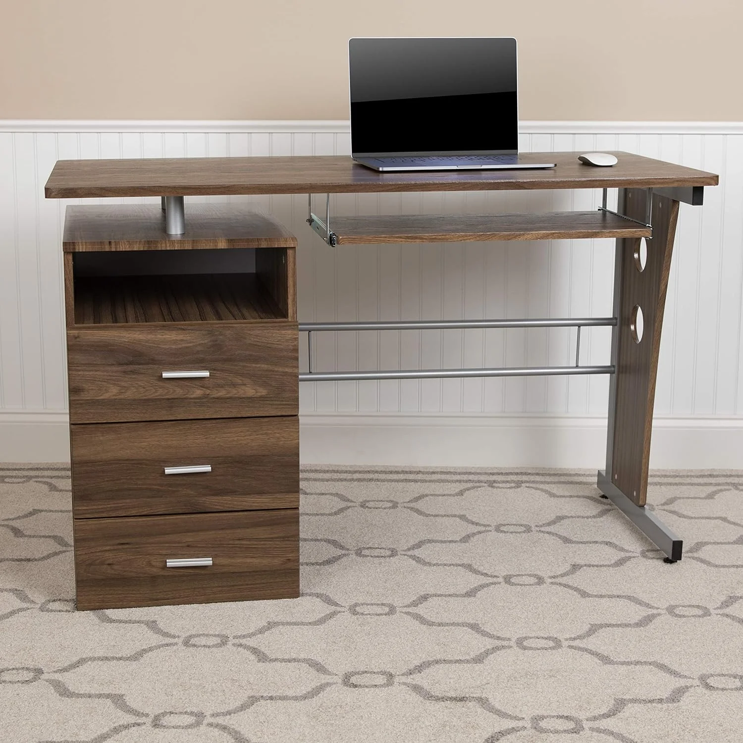 Rustic Walnut Desk With Three Drawer Single Pedestal And Pull-Out Keyboard Tray
