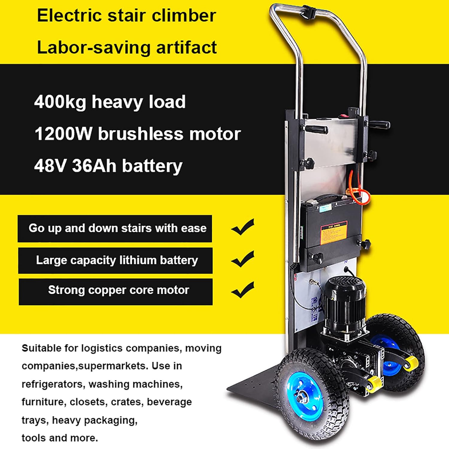 Electric Stair Climber, Heavy Object Sack Truck, Load Capacity, Removable Battery, with Telescoping Handle, for Mobile Home Appliance Construction