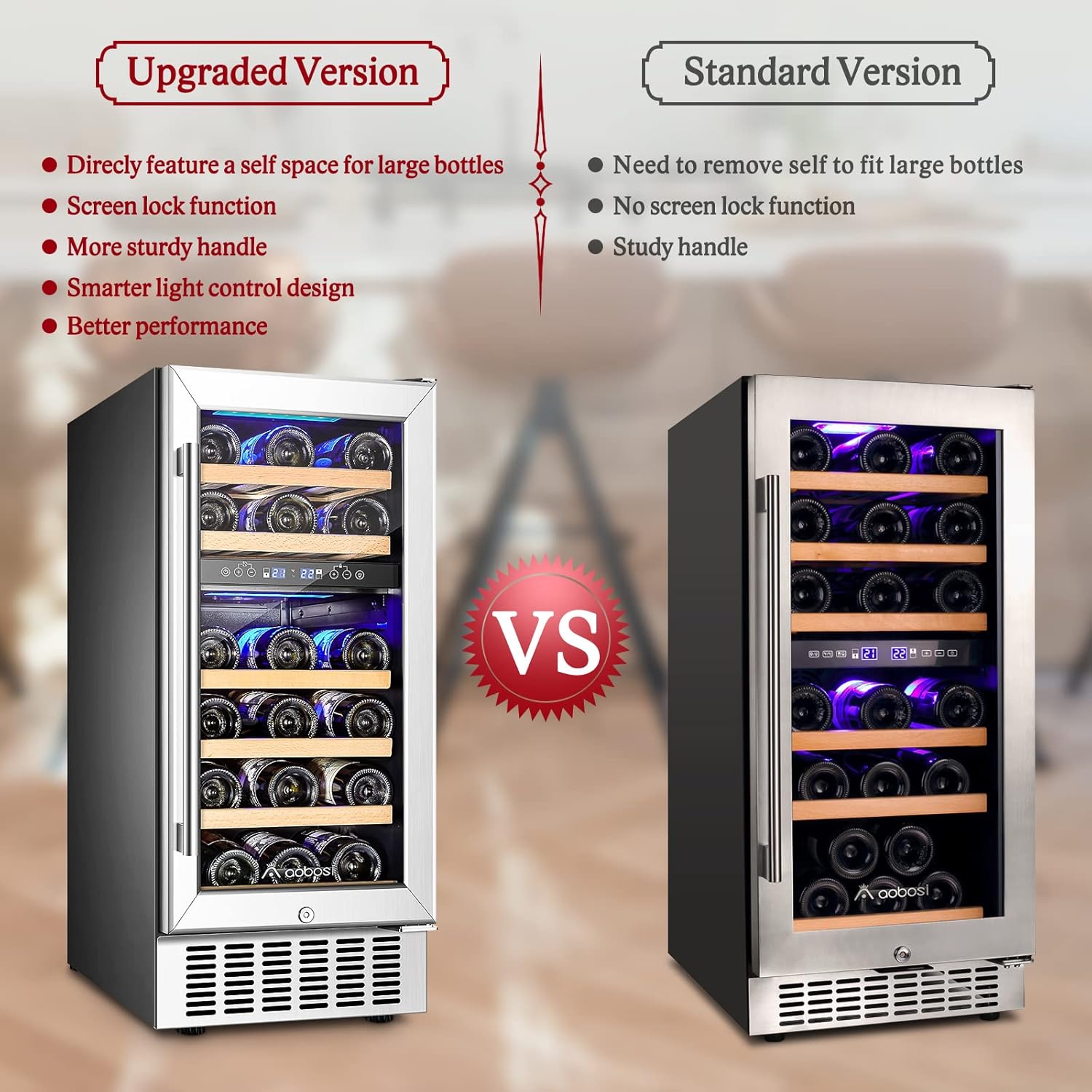 AAOBOSI 15 Inch Wine Cooler, 28 Bottle Dual Zone Wine Refrigerator & Wine Chiller Electric