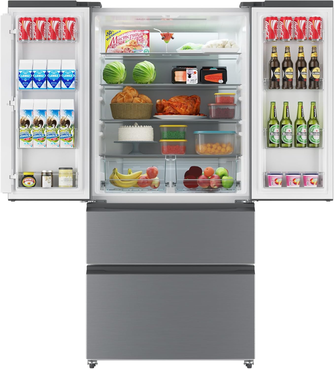 33 Inch Large Capacity French Door Refrigerator, 18.75 cu.ft Refrigerator with 2 Doors & 2 Drawers, Full Size Bottom Freezer Kitchen Fridge, Automatic Defrost, Dual Ice Maker, LED Lighting