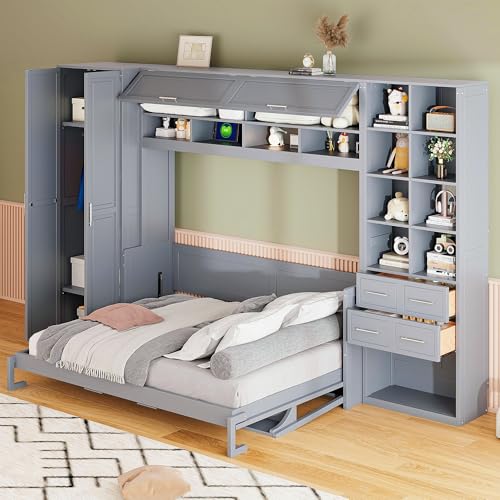 KLMM Wooden Murphy Bed Wall Bed with 2 Wardrobe and Storage Shelf,Foldable Platform Bedframe for Guest-Room Bedroom Study Office Use (White#E, Full)