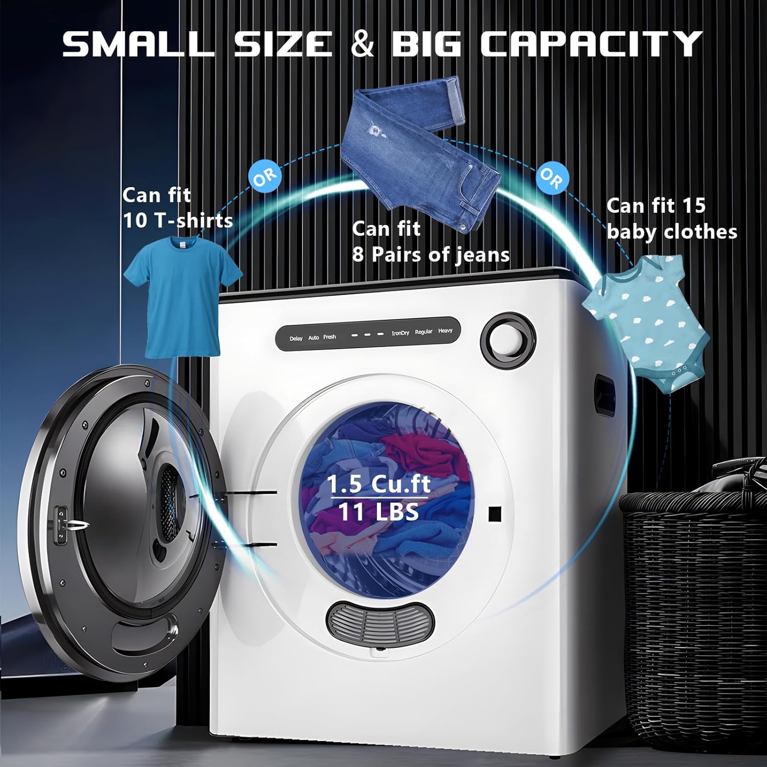 11LBS Capacity Compact Laundry Dryer, 110V 970W Portable Clothes Dryer Machine for Small Spaces RVs and Apartments Quiet, Sturdy and Easy to Use, Supplemental Dryer for Laundry Machines Drying