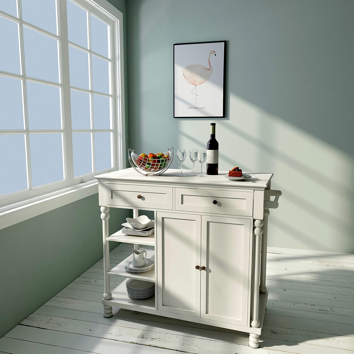 eHemco Euro Kitchen Island with Storage Cabinet, 2 Drawers and 3 Open Shelves, White
