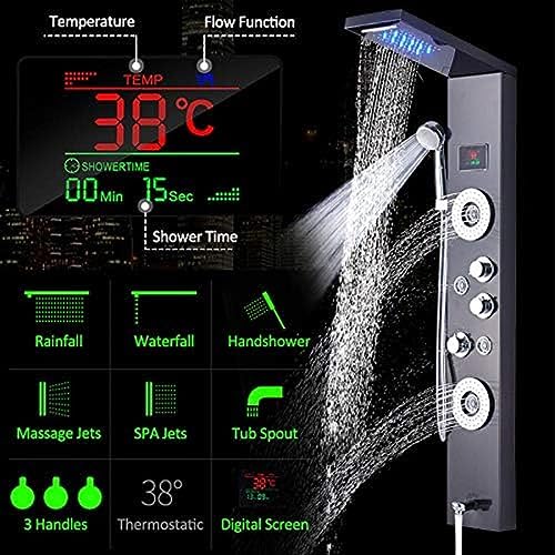 Shower System, Black Digital Shower Panel Column LED Rain Waterfall Shower Wall Mounted Side Spa Jets Bathroom Shower Set-Blackend,Blackend